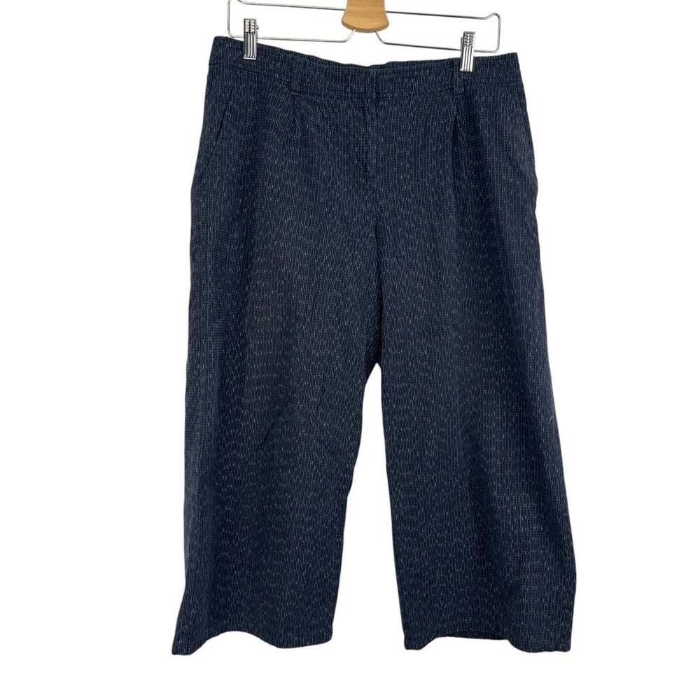 Eileen Fisher Crop Wide Leg Pants Medium Navy Broken‎ Stripe Organic Cotton